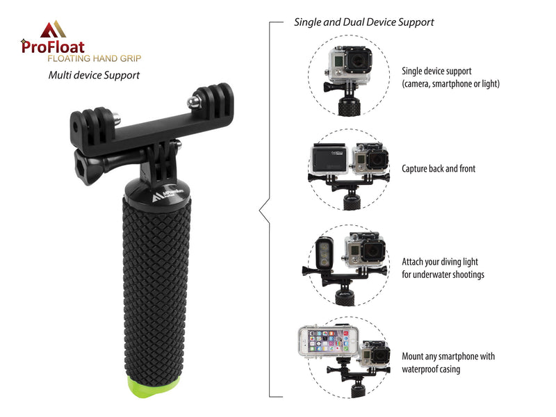 MiPremium Waterproof Floating Hand Grip Compatible with GoPro Cameras Hero 9 8 7 6 5 4 3 2 1 Session Black Silver Handler Plus Free Handle Mount Accessories for Water Sport and Action Cameras (Green) Green