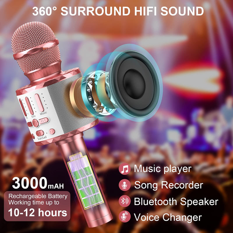 Wireless Microphone with Lights, Karaoke Bluetooth Microphone for Kids Adults, Portable Toy Karaoke Mic Speaker Machine, Home KTV Player Support Phone/Pad/TV for Party Singing, Boys Girls Best Gifts Rose