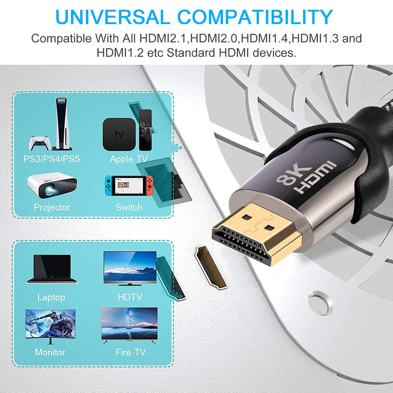 8K HDMI 2.1 Cable, 48Gbps Ultra HD Lead High-Speed Cord, Supports 8K@60HZ, 4K@120Hz, eARC HDR10, HDCP 2.2/2.3 Dolby, 3D, VRR, Compatible with Fire TV/Roku TV/PS5/Xbox/Nintendo Switch and More (10 ft) 10 ft