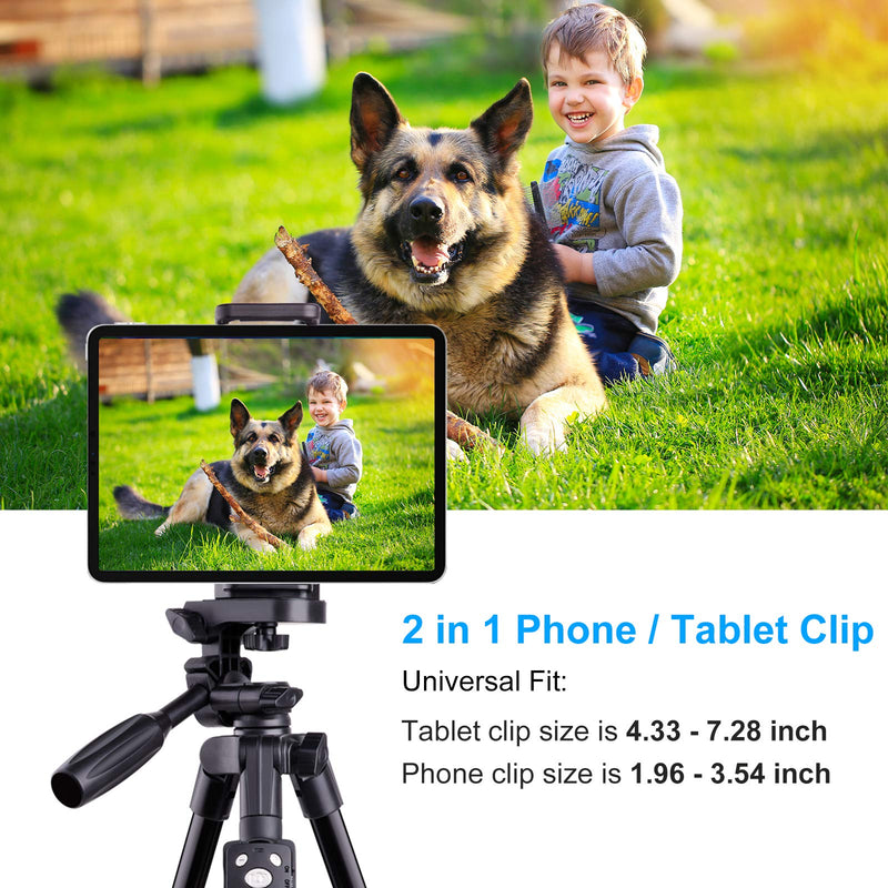 Tablet Phone Tripod, Lightweight Tripod Stand for ipad Smartphone Camera, Stronger Aluminum Alloy Portable Extendable Adjustable Tripod with Wireless Remote and 2 in 1 Phone/Tablet Holder