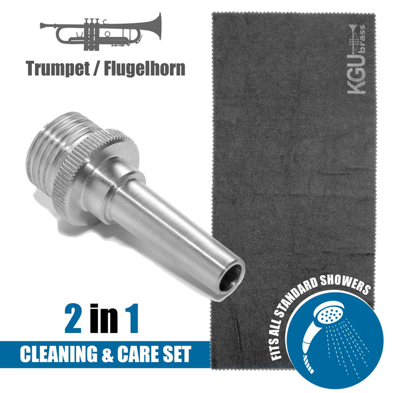 Cleaning and care kit for trumpet, flugelhorn, set of 2 cleaning tools for outdoor and indoor usage, including cleaning nozzle and a towel.