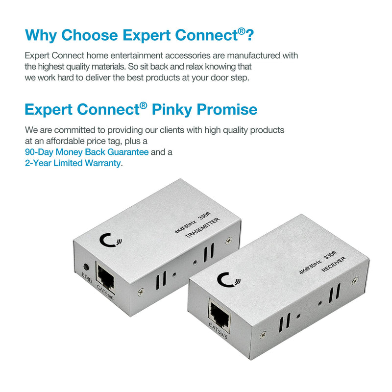 Expert Connect | 4K 330ft HDMI Extender Over Cat5e / Cat6 / Cat7 Ethernet Cable, 1080p, 3D 4K@30Hz - 330ft