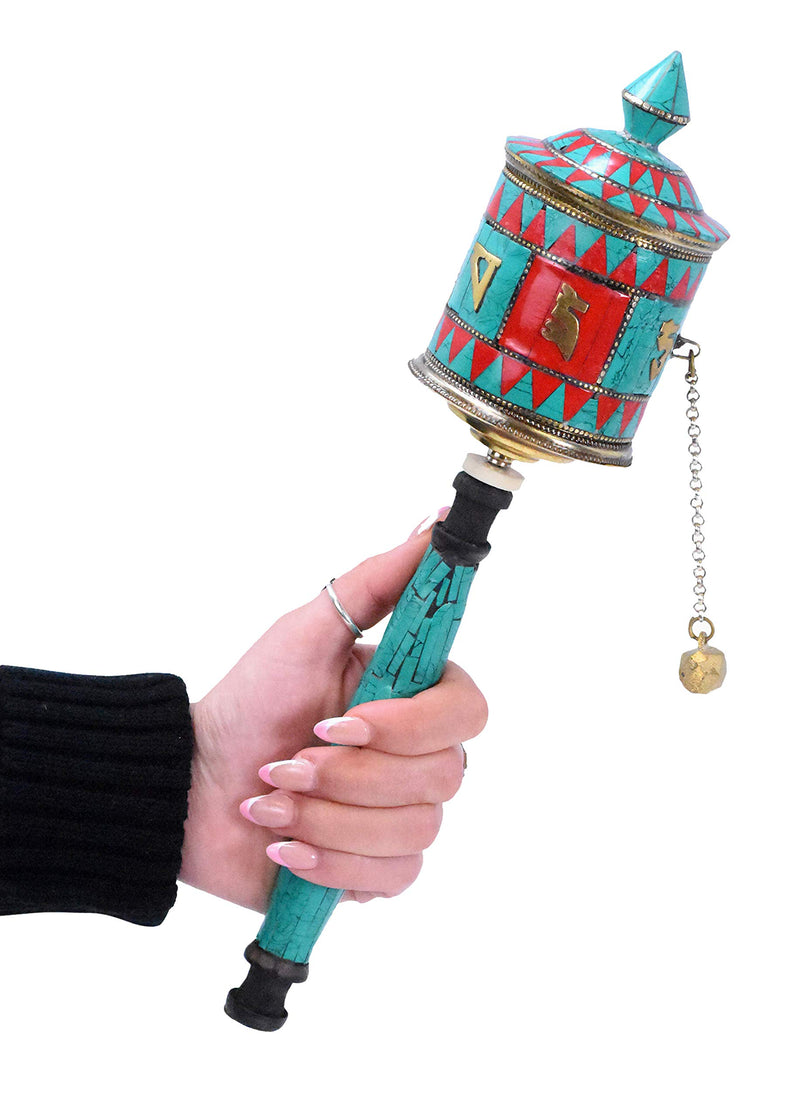 Hand Held Tibet Prayer Wheel – Tibetan Prayer Wheel Handheld Spinning Wheel with Om Mani Padme Hum Stone Inlay for Gifts Nepal Decor by Mudra Crafts