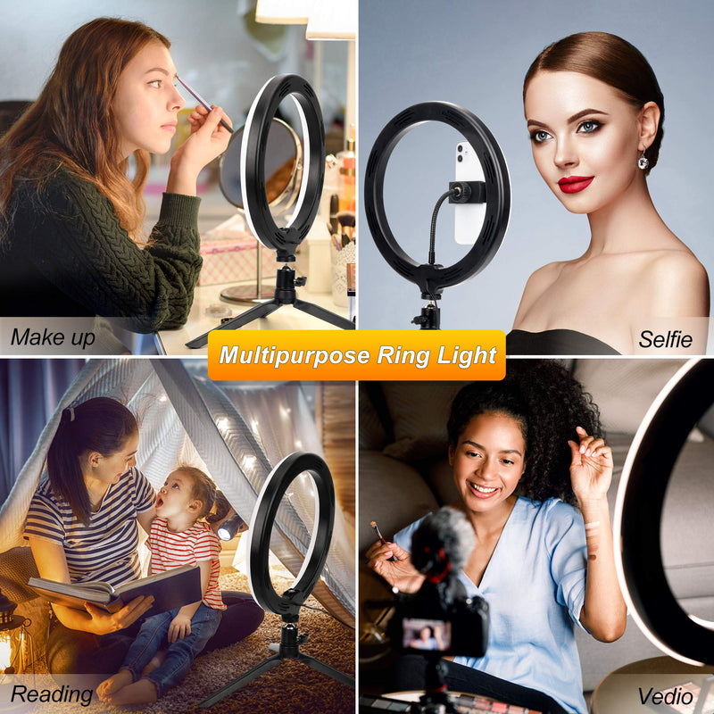 Migeec 10 inch Ring Light with Tripod Stand and Phone Holder, Dimmable Remote Control and LED RingLight for Desk Makeup/Live Stream/YouTube/Video Recording/Photography, Compatible with iPhone/Android 10inch