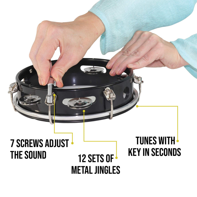 Tunable Tambourine with Key 8 inch Plastic Drum Head - 6 Pairs of Jingles 8 in Black