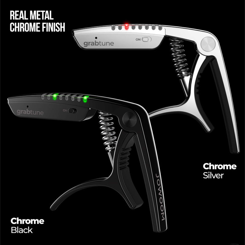 JOWOOM Grabtune Acoustic Guitar Capo-Tuner | 2 In 1 Equipment | Precise and Accurate Tuning System | Full Color LED Edge Lighting Display | USB Rechargeable Battery | Chrome Plating (Silver) Silver