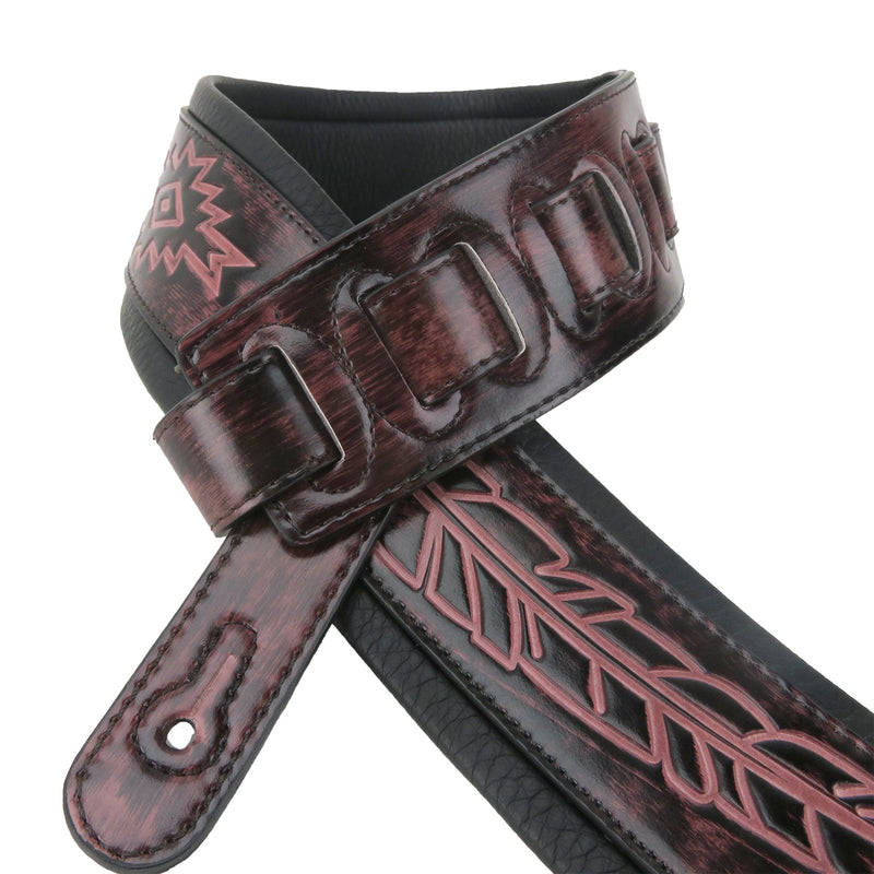 Walker & Williams GB-134 Oxblood Brown Native American Feather Padded Guitar Strap