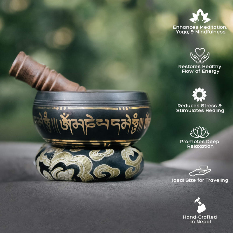 Tibetan Singing Bowl Set ~ Easy to Play with Fabric Case, Cushion, and Mallet ~ Handcrafted in Nepal for Meditation, Yoga, Spiritual Healing and Mindfulness Black