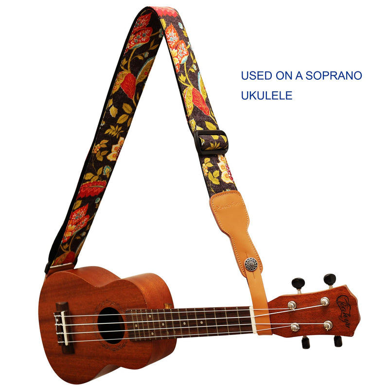 [AUSTRALIA] - MUSIC FIRST Original Design, 2 inch width (5cm), Vintage French Country Style “Floral” Soft Cotton & Genuine Leather Delux Guitar Strap, Ukulele Strap, Mandolin Strap 