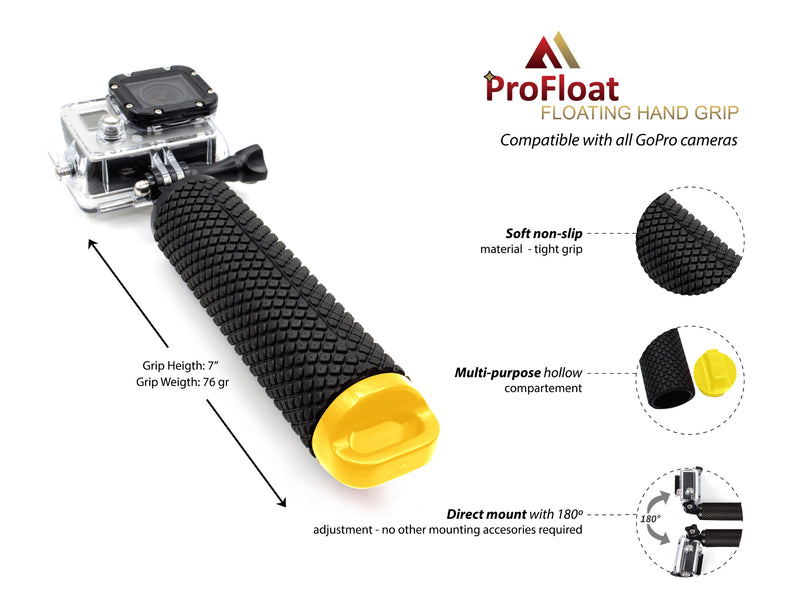 MiPremium Waterproof Floating Hand Grip compatible with GoPro Cameras Hero 9 8 7 6 5 4 3 2 1 Session Black Silver Handler Plus FREE Handle Mount Accessories for Water Sport and Action Cameras (Yellow) Yellow