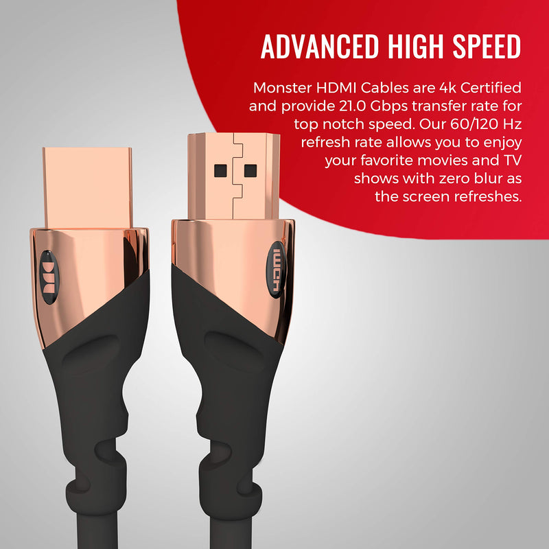 Monster HDMI Cable 4k Ultra HD 8ft with Ethernet Cord - 60/120 Hz Refresh Speed - 21Gbps High Definition 1080p Video - Corrosion-Resistant 24k Rose Gold Contacts and V-Grip Connection 8 FT Black