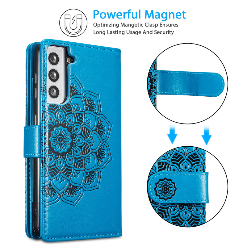EYZUTAK Mandala Wallet Case for Samsung Galaxy S21 5G,Detachable 2 in 1 PU Leather Flip Case with Magnetic Button Lanyard (9Card Slots+3Pockets+1Driver's License Pocket)-Blue Blue
