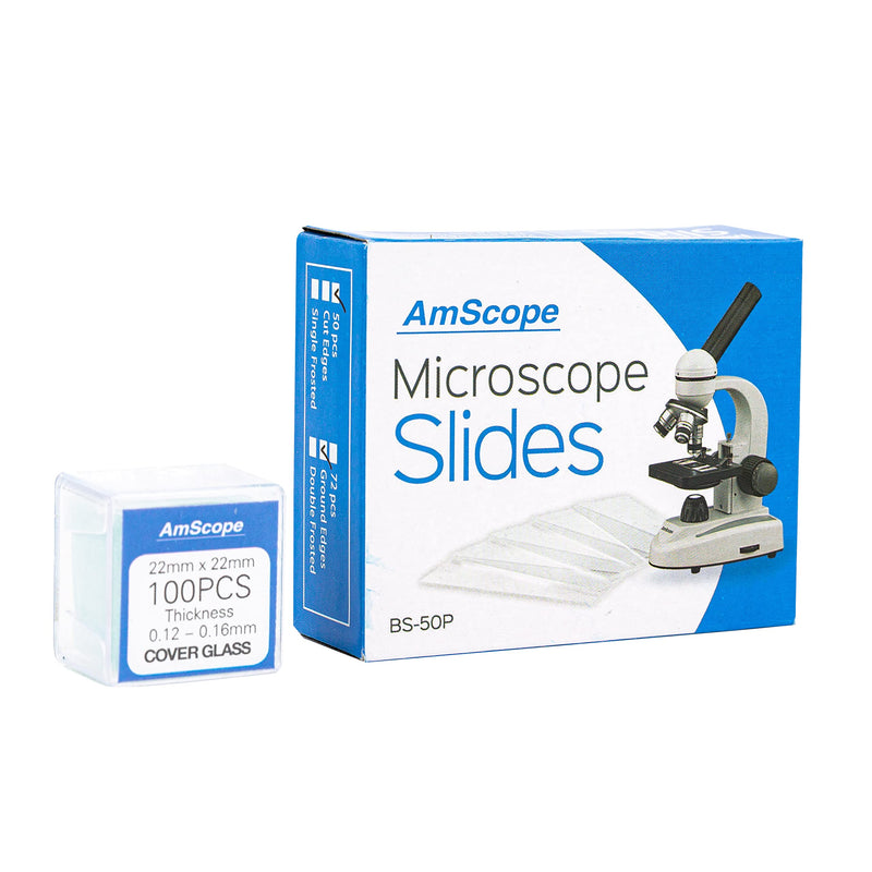AmScope BS-50P-100S-22 Pre-Cleaned Blank Ground Edge Glass Microscope Slides and 100pc Pre-Cleaned Square Glass Cover Slips Coverslips