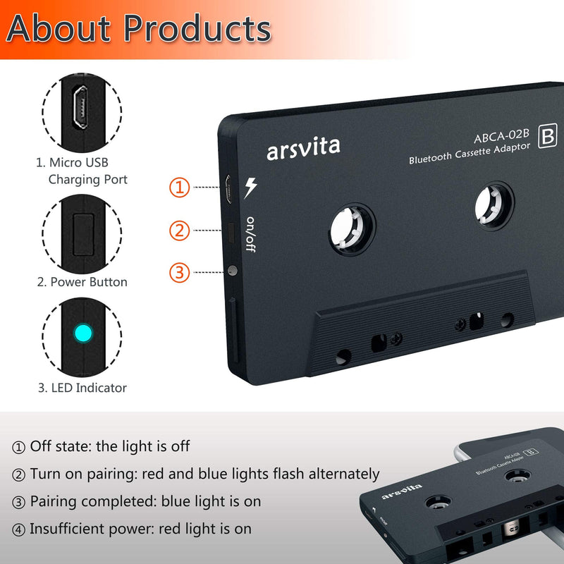 Arsvita Car Audio Bluetooth Cassette Adapter, Tape Player Bluetooth 5.0 Cassette Aux Adapter, White