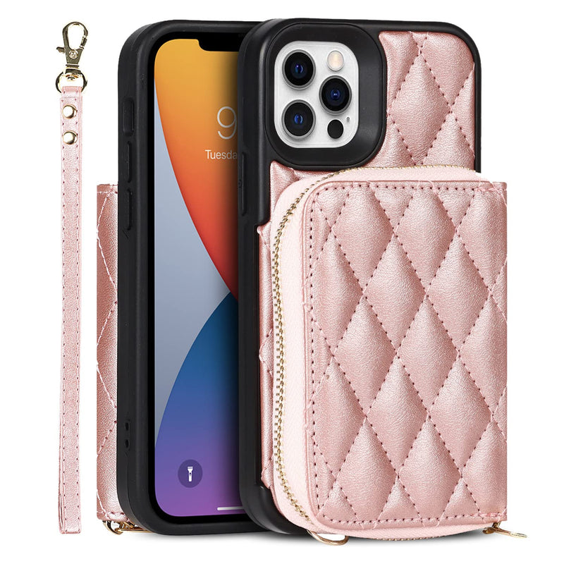 Jaorty Crossbody Detachable 2 in 1 Wallet Case for iPhone 12 and iPhone 12 Pro,Crossbody Case with Zipper Card Holder Bag Wrist Strap Lanyard Purse Compatible with iPhone 12/12 Pro 6.1 inch,Rosegold RoseGold