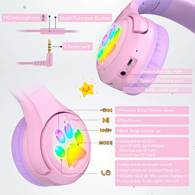 Riwbox CF9 Cat Ear Kids Bluetooth Headphones with LED Light Up,Safe 85dB Volume Limit,Built-in Mic&Boom Mic for Calls,Kids Wireless&Wired Headphones for Girls/Toddler/Online Learning/School (Purple) Pink Purple