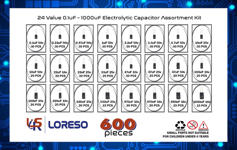 Electrolytic Capacitor Assortment Kit Box by Loreso 600pcs 24 Value - Electrolytic Capacitors 0.1uf to 1000uf 50V, for Aurdiono Hobby Electronics, Audio-Video Project Electronic Repair