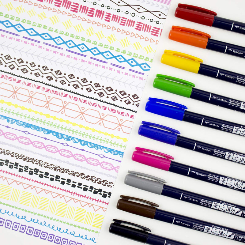 Tombow 56429 Fudenosuke Colors Brush Pens, 10-Pack. Hard Tip Fudenosuke Brush Pens in Assorted Colors for Calligraphy and Art Drawings