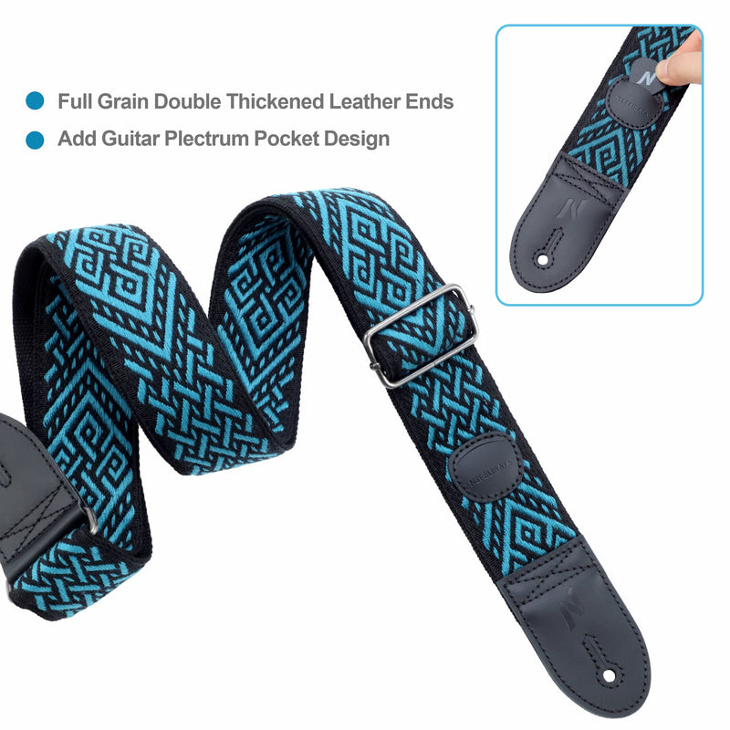 Nefelibata Guitar Strap with Pick Pocket, 2 Inch Thicker Woven Guitar Straps with Double Full Grain Leather Ends for Bass, Electric and Acoustic Guitars (Free Guitar Accessory Set) Blue Diamond