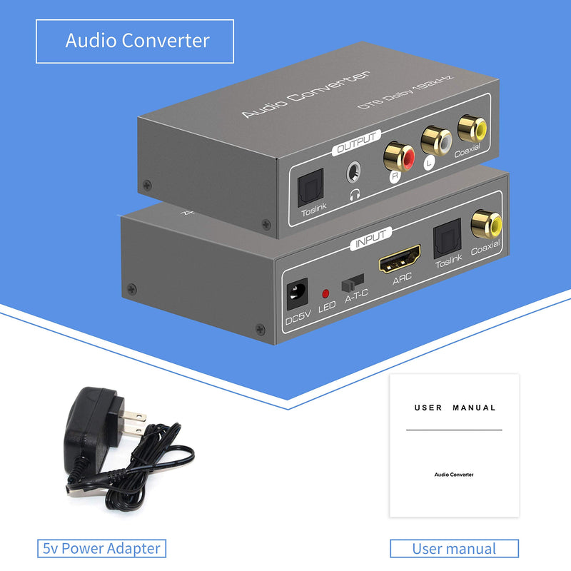 Audio Converter,KUYiA Multifunction Digtal to Analoge Audio Converter,HDMI ARC Toslink Coaxial Input,Toslink Coaxial R/L Audio 3.5mm Audio Output