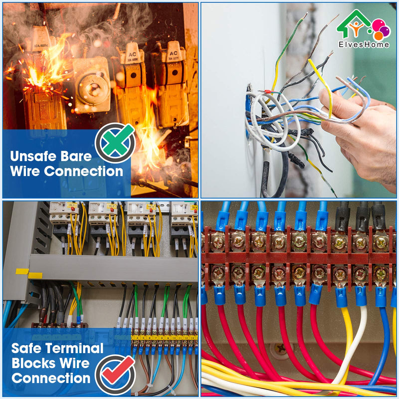 Terminal Blocks Ground Circuit 12PCS/6 Set 8+10+12 Positions 600V 15A Dual Row Bus Bar Wire Amp Mount Screw Terminal Block Kit with Cover 400V Pre Insulated Strip for DIY Small Electrical Home Project 12PCS-8P+10P+12P Set-15A