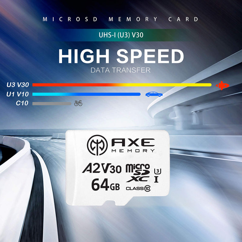 AXE MEMORY 64GB microSDXC Memory Card + SD Adapter with A2 App Performance, V30 UHS-I U3 4K White - A2 Premium Speed 64 GB