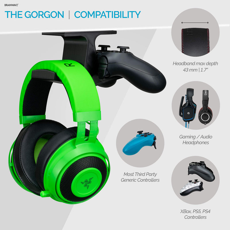 The Gorgon - Under Desk Gamepad Controller & Headphone Hanger, for Xbox, PS4, PS5, Dualshock, Series One, Steelseries, PC & Most Gaming Headsets, Screwless Holder Stand, Black by Brainwavz