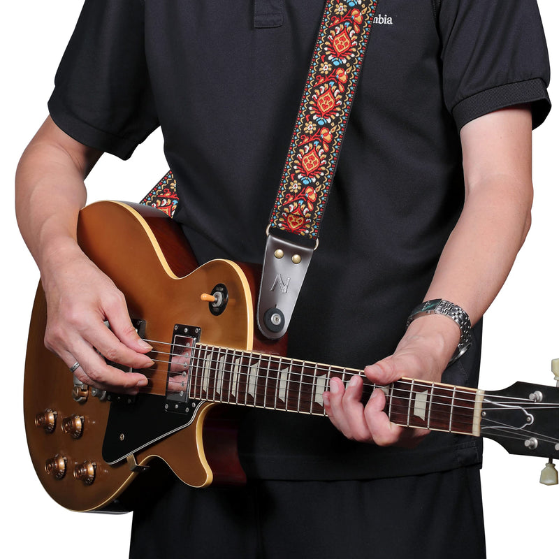 Guitar Strap, Vintage Embroidered Cotton Guitar Straps with Genuine Leather Ends for Bass, Electric & Acoustic Guitars, Come with Free Strap Button, 1 Pair Strap Locks and 4 Guitar Picks (Red Flower) A# - Woodstock Red