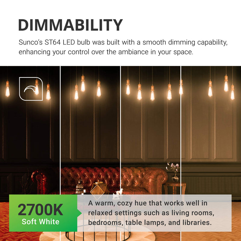 [AUSTRALIA] - Sunco Lighting 2 Pack ST64 LED Bulb, Dimmable, Waterproof, 8.5W=60W, 2700K Soft White, Vintage Edison Filament Bulb, 800 LM, E26 Base, Restaurant or String Lights - UL 