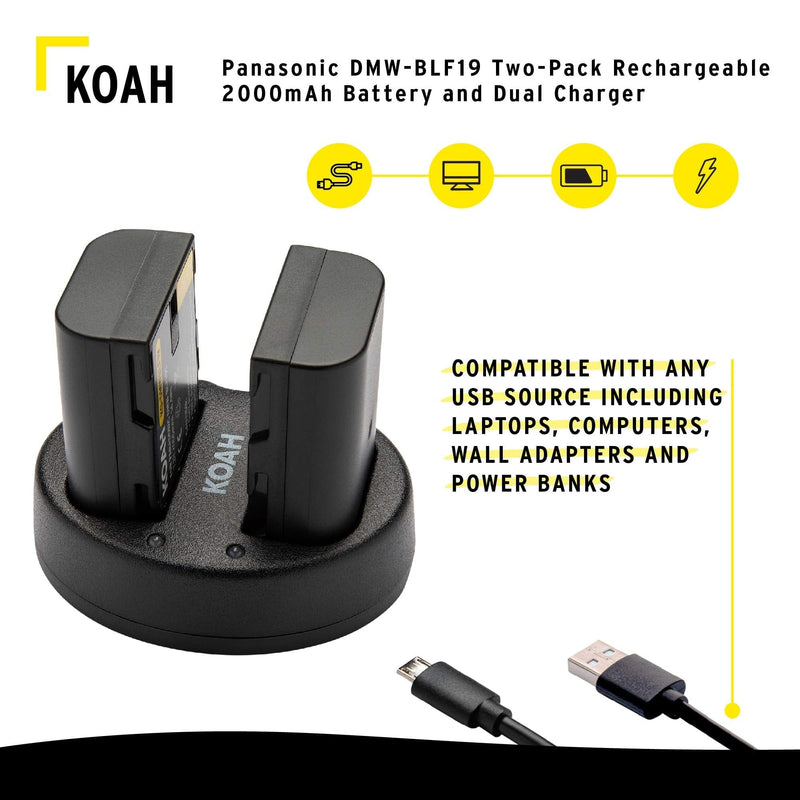 Koah PRO Panasonic DMW-BLF19 Two-Pack 2000mAh Battery and Dual Charger