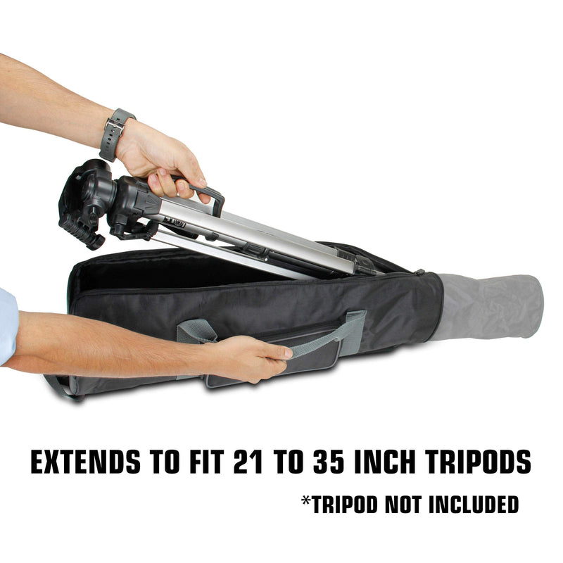 USA Gear Padded Tripod Case Bag - Holds Tripods from 21 to 35 inches - Adjustable Size Extension, Storage Pocket and Shoulder Strap for Professional Camera Accessories and Photo Carrying Needs Black and Grey