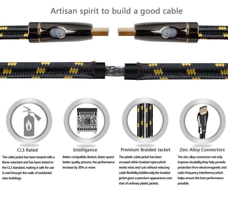 4K HDMI Cable/HDMI Cord 10ft - Ultra HD 4K Ready HDMI 2.0 (4K@60Hz 4:4:4) - High Speed 18Gbps - 28AWG Braided Cord-Ethernet / 3D / HDR/ARC/CEC/HDCP 2.2 / CL3 by Farstrider 10 Feet Gun black - Gold