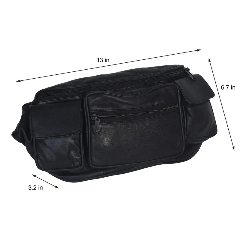 Leatherboss Genuine Leather Jumbo Fanny Pack pouch with side valcro Pockets for men women, Black