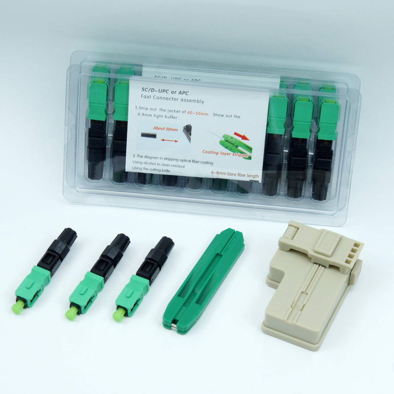 100pcs LEITE SC APC Fiber Optic Quick Connector with Matched Tools Fiber Reusable Connectors Single Mode SM 9/125 Mechanical Fast Connectors Adapter for FTTH CATV Network Instrument APC,green