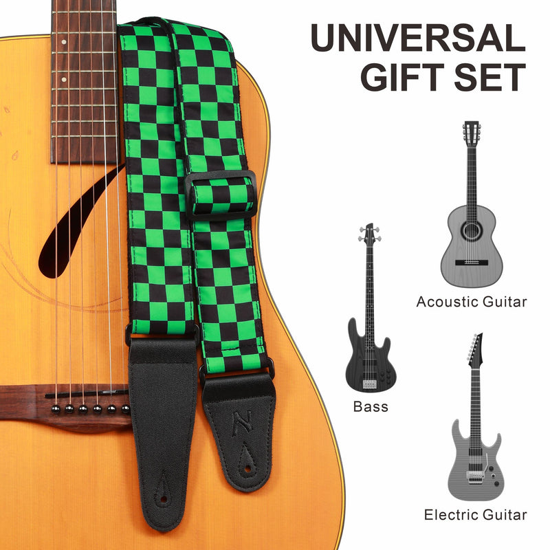 [AUSTRALIA] - Guitar Strap,Personalised Cotton Double Layer Cotton Guitar Straps with Longer Leather Ends for Bass, Electric & Acoustic, Best Gifts for Kids, Men & Women Guitarists (Green Grid) Green Grid 