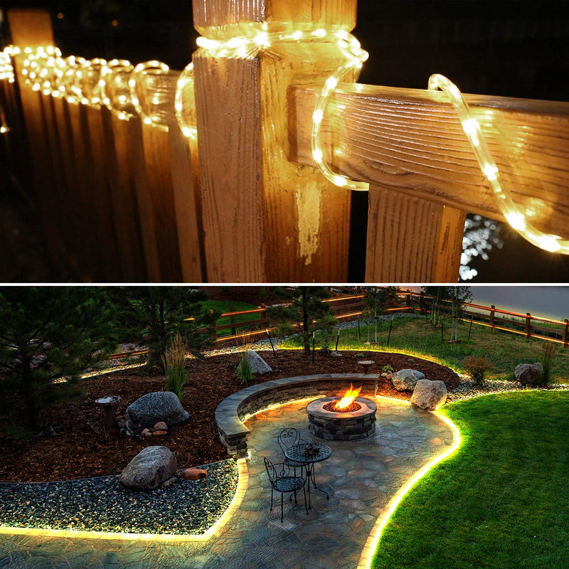 LE 33ft 240 LED Rope Light, Waterproof, Connectable, Low Voltage, Warm White, Indoor Outdoor Clear Tube Light Rope and String for Deck, Patio, Pool, Camping, Bedroom Decor, Landscape Lighting and More