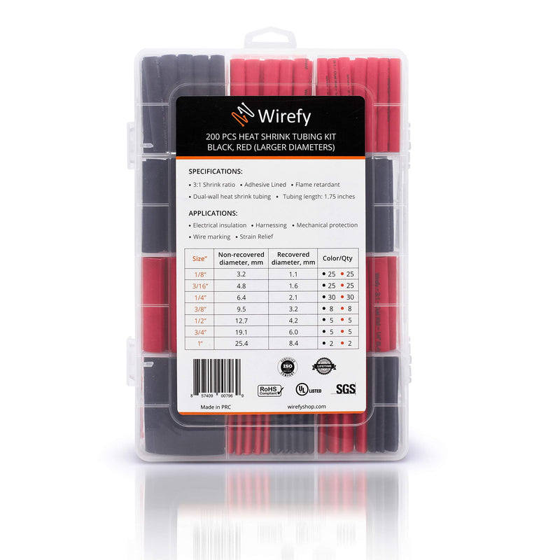 Wirefy Heat Shrink Tubing Kit - 3:1 Ratio Adhesive Lined, Marine Grade Shrink Wrap - Automotive Industrial Heat-Shrink Tubing - Black, Red 200 PCS