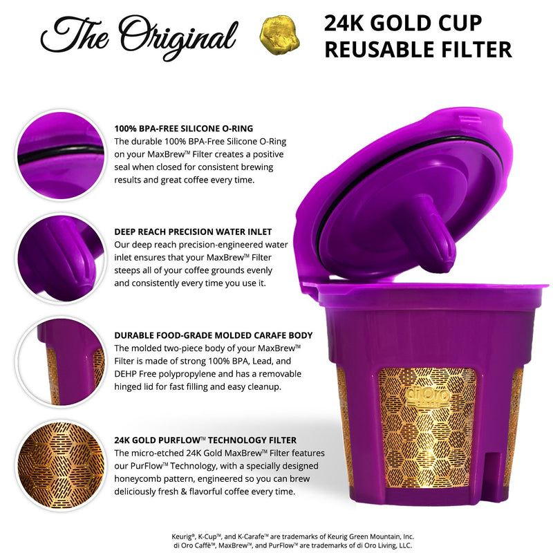 DI ORO MaxBrew Keurig Reusable K Cup Coffee Filter – For Keurig 1.0 and 2.0 Coffee Brewers - 24K Gold Small Refillable Coffee Filter - Fits K200, K300/K350/K360, K450/K460, K500/K550/K560 (Purple)