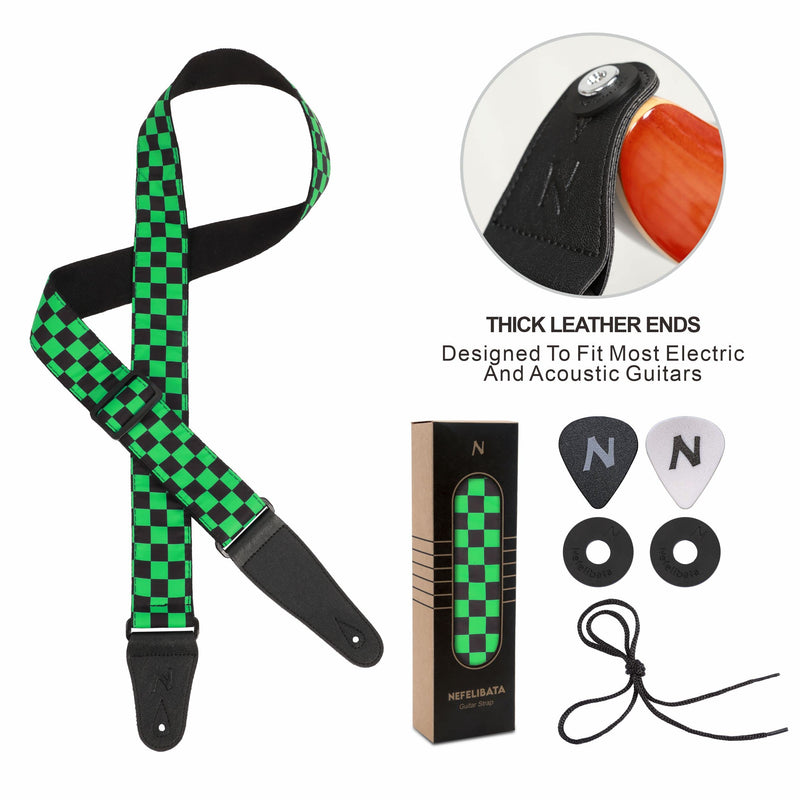 [AUSTRALIA] - Guitar Strap,Personalised Cotton Double Layer Cotton Guitar Straps with Longer Leather Ends for Bass, Electric & Acoustic, Best Gifts for Kids, Men & Women Guitarists (Green Grid) Green Grid 