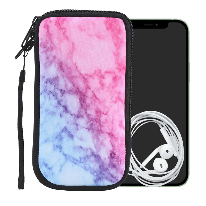 kwmobile Neoprene Sleeve for Smartphone Size XL - 6.7/6.8" - Shock Absorbing Pouch Case - Protective Phone Bag - Marble Light Blue/Violet/Dark Pink Marble 23-38-08