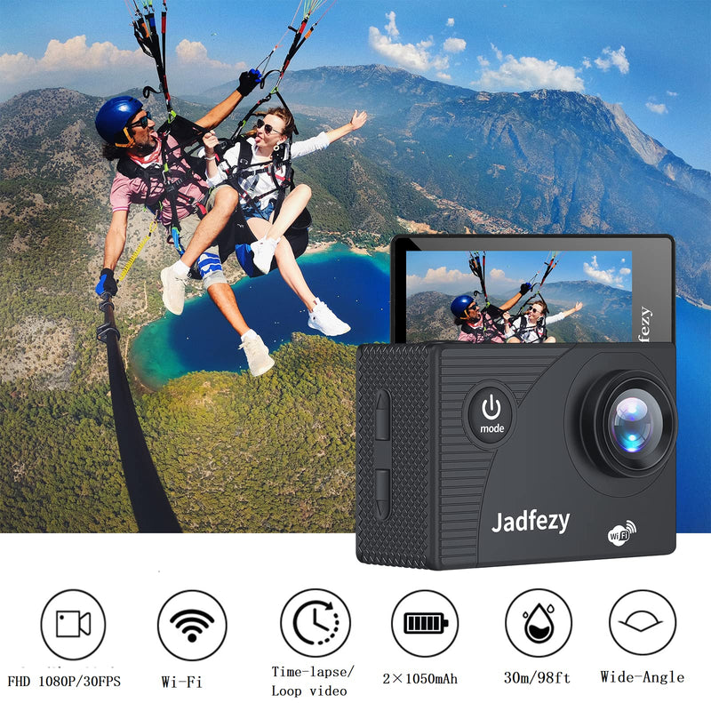 [AUSTRALIA] - Jadfezy WiFi Action Camera Ultra HD 1080P, 12MP Sports Camera Wide-Angle 2" LCD Screen, 30m/98ft Underwater Waterproof Camera with 2 Batteries and Accessories Kit for Helmet and Bicycle etc. FHD 1080P WiFi 