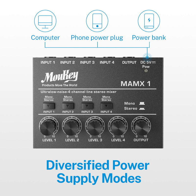 [AUSTRALIA] - Moukey Ultra Low-Noise 4-Channel Line Mixer for Sub-Mixing, DC 5V 4-Stereo Mini Audio Mixer, Ideal for Small Clubs or Bars. As Microphones, Guitars, Bass, Keyboards or Stage Mixer-MAMX1 