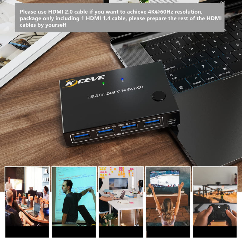 KVM Switch 2 Ports, HDMI USB 3.0 KVM Switcher Box with EDID-Emulator Function, Support 4K@60Hz Resolution for 2 Computers Share Mouse Keyboard and Monitor 2 IN 1 OUT USB 3.0 (With EDID)