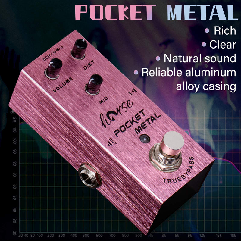 Horse Pocket Metal Guitar Effect Pedal Pedal Distortion Sounds with Mid Knob for Electric Guitar True Bypass Pink