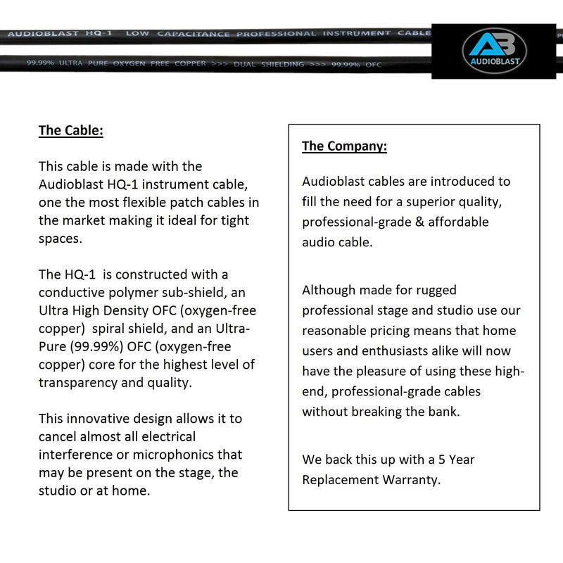 6 Units - 6 Inch - Audioblast HQ-1 - Ultra Flexible - Dual Shielded (100%) - Instrument Effects Pedal Patch Cable w/Low-Profile, R/A Gold Pancake TS (6.35mm) Plugs & Dual Staggered Boots