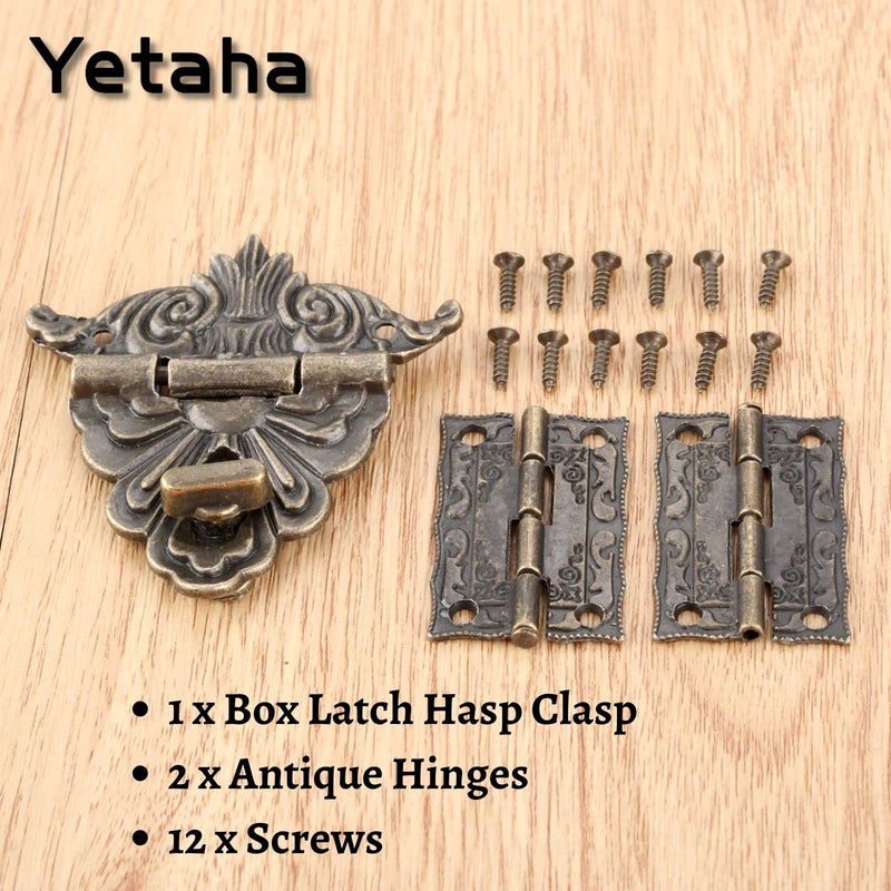 2PCS Antique Hinge & 1 PC Retro Style Padlock Lock Key Latch Clasp Set Box Lock with 12 Screws