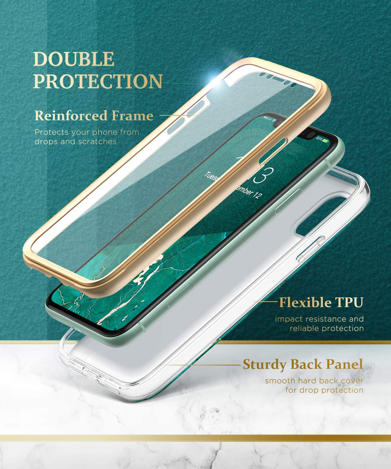 GVIEWIN Designed for iPhone 11 Case 6.1 Inch (2019 Release), [Built-in Screen Protector] [Full-Body Protection] Stylish Marble Shockproof Protective Phone Case Slim Thin Cover (Green/Gold) Green/Gold