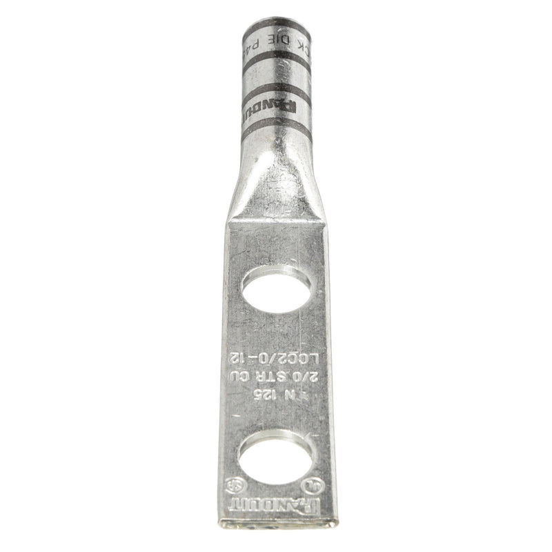 Panduit LCC750-12-6 Code Conductor Lug, Two Hole, Long Barrel, 750kcmil Copper Conductor Size, Black Color Code, 1/2" Stud Hole Size, 1.75" Stud Hole Spacing, 2-15/16" Wire Strip Length, 0.26" Tongue Thickness, 1.89" Tongue Width, 2.87" Neck Length, 7....