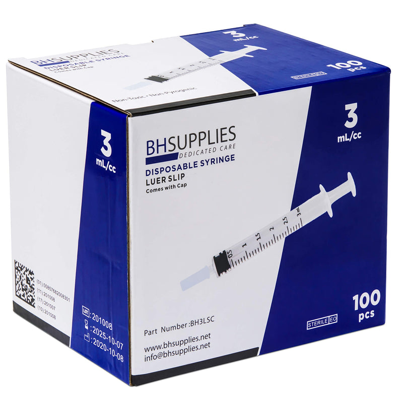 3ml Sterile Luer Slip Tip Syringe - with Covers -100 Syringes by BH Supplies (No Needle) Individually Sealed