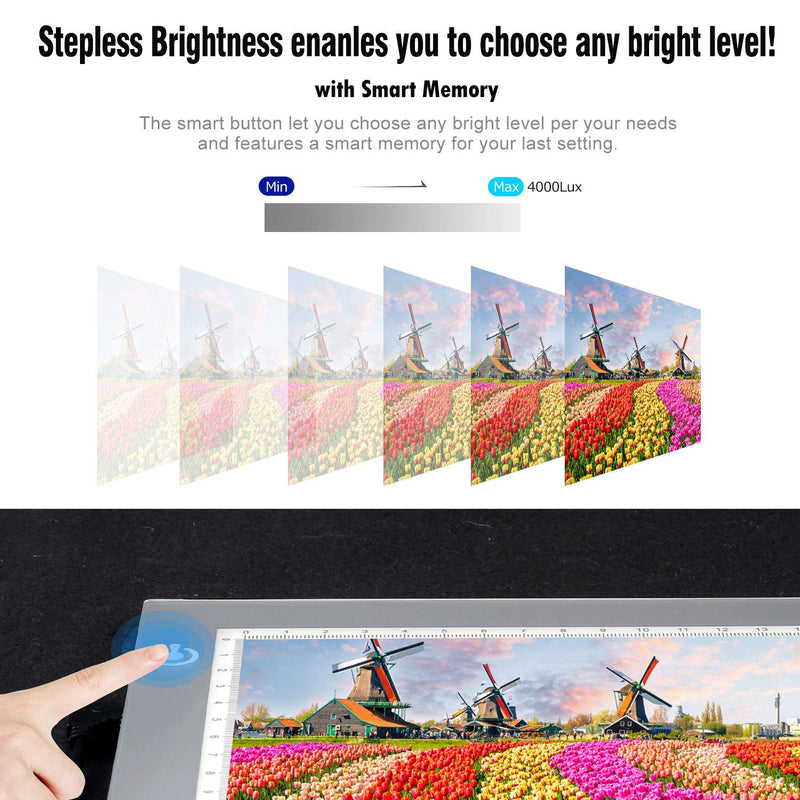 Silver A4 Dimmable LED Artcraft Light Box Tracer Slim Light Pad Portable Tablet, USB Power Cable Copy Drawing Board Tracing Table for Artists Designing, Animation, Sketching, Stenciling X-ray Viewing Silver